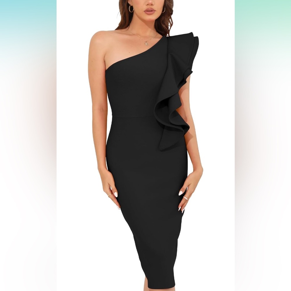 NWT Bodycon Black One Shoulder Ruffle Formal Cocktail Wedding Dress, Size 6